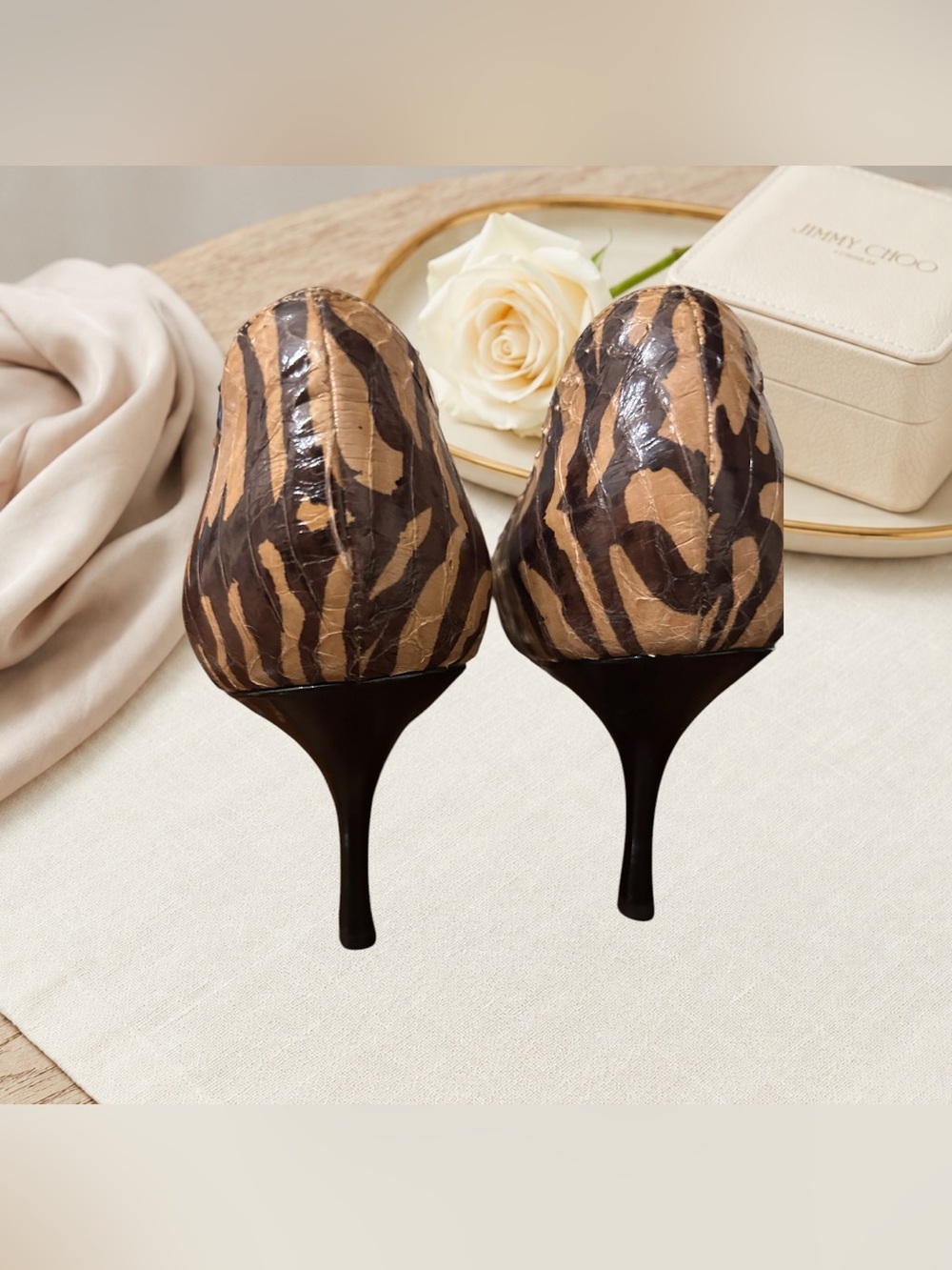 Jimmy Choo D'Orsay Animal Print Snake Stripe Peep Toe Heels 37.5 US 7.5 Worn 2x - Picture 2 of 13